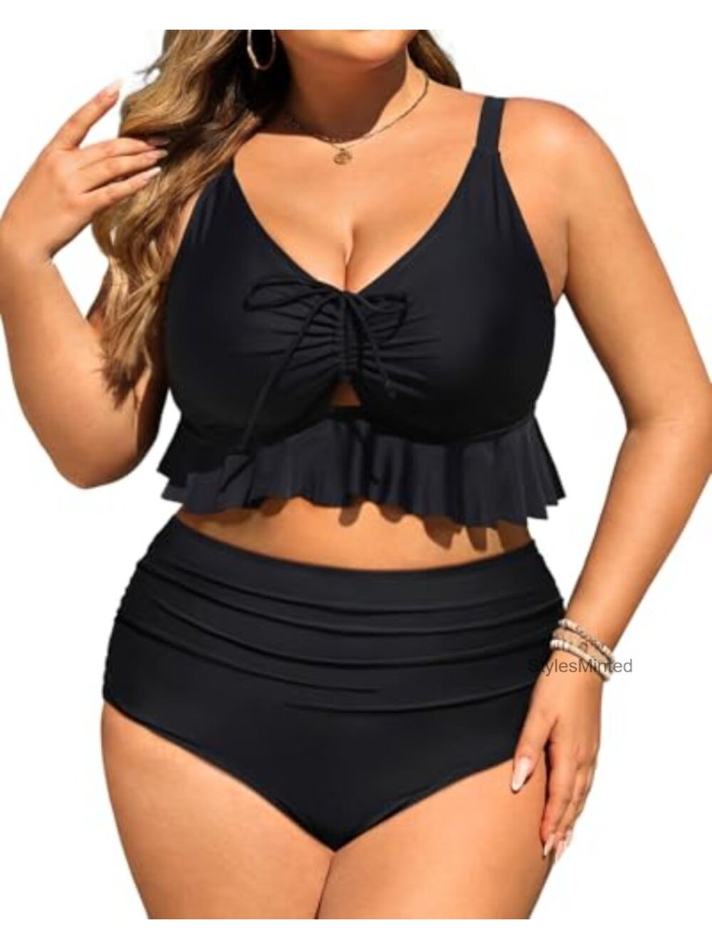 Plus Size High Waist Bikini Set with Ruffle Tummy Control